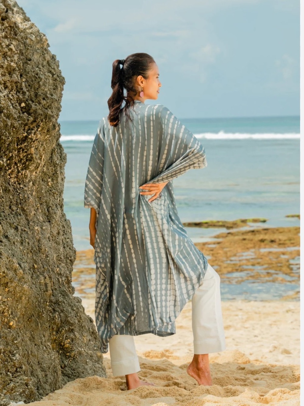Susie Blue Gray Tie-Dye Open Front Kimono
